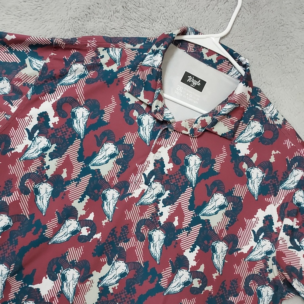 Waggle Polo Shirt Mens 2XL XL Ram Skull Animal Print Golf Performance Maroon - Picture 1 of 8